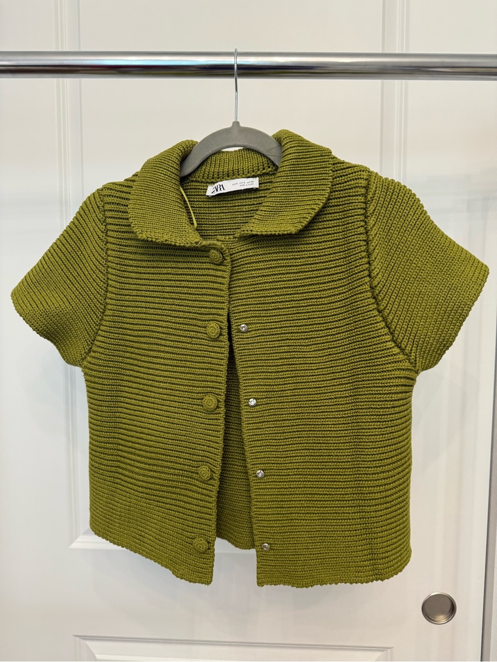 Zara Olive Green Ribbed Short-Sleeve Cardigan